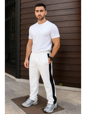 Erkek Üç İplik Kışlık Pamuklu Yandan Garneli Kalın Şeritli Cepli Eşofman Altı - Beyaz