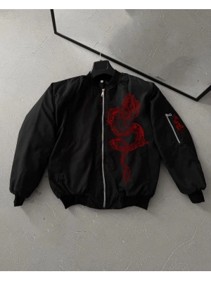 Erkek Unisex Siyah Bomber Mont – Kırmızı Ejderha Desenli, Fermuarlı Cepli, Kapitone Astarlı Günlük ve Sokak Modası Ceket - Siyah