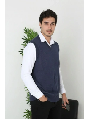 Erkek V Yaka Kolsuz Süveter Triko Kazak yumuşak dokulu Pamuklu ince Dokuma Rahat Regular kalıp - Lacivert