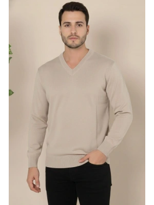 Erkek V Yaka Triko Kazak yumuşak dokulu Pamuklu ince Dokuma, uzun kollu Rahat Regular kalıp - Bej
