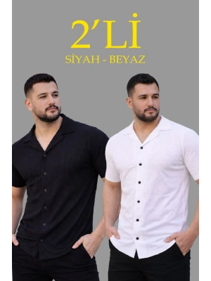 Erkek Waffle Dokuma Açık Yakalı Düğmeli Regular Kalıp 2’li Gömlek Seti - Siyah & Beyaz