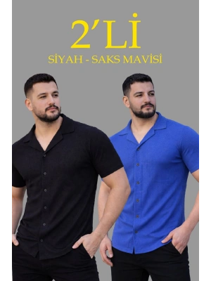 Erkek Waffle Dokuma Açık Yakalı Düğmeli Regular Kalıp 2’li Gömlek Seti - Siyah & Saks Mavisi