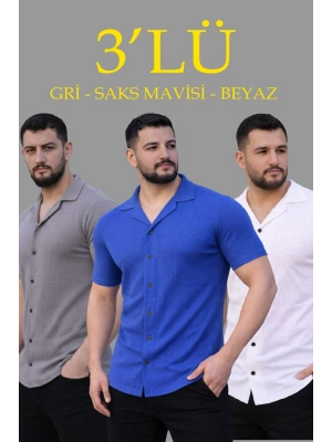 Erkek Waffle Dokuma Açık Yakalı Düğmeli Regular Kalıp 3’lü Gömlek Seti - Gri, Saks Mavisi, Beyaz