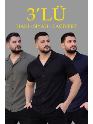 Erkek Waffle Dokuma Açık Yakalı Düğmeli Regular Kalıp 3’lü Gömlek Seti - Siyah, Haki, Lacivert