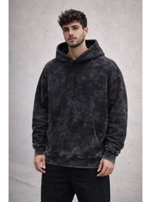 Erkek Yağ Yıkamalı Kapşonlu Double Oversize Üç İplik Pamuklu Sweatshirt - Siyah