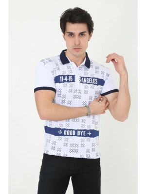 Erkek Yakalı Slim Fit Baskılı T-Shirt - Beyaz