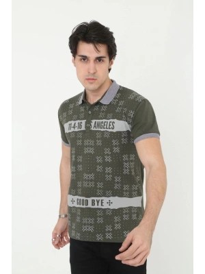 Erkek Yakalı Slim Fit Baskılı T-Shirt - Haki