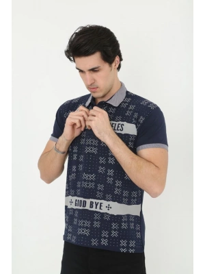 Erkek Yakalı Slim Fit Baskılı T-Shirt - Lacivert