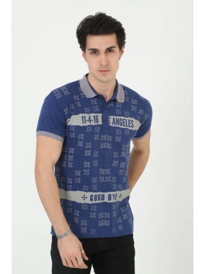 Erkek Yakalı Slim Fit Baskılı T-Shirt - Mavi