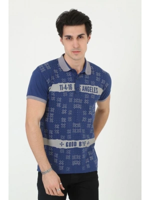 Erkek Yakalı Slim Fit Baskılı T-Shirt - Mavi
