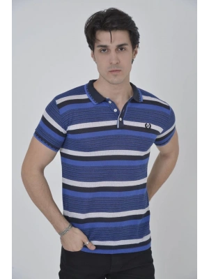 Erkek Yakalı Slim Fit Dokuma Çizgili T-Shirt - Mavi
