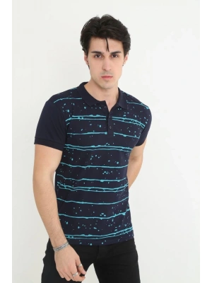Erkek Yakalı Slim Fit Pike Çizgili T-Shirt - Lacivert
