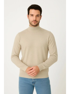 Erkek Yarım Boğaz Triko Kazak yumuşak dokulu Pamuklu ince Dokuma, uzun kollu Rahat Regular kalıp - Bej