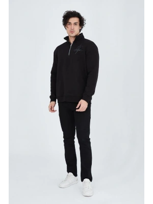 Erkek Yarım Fermuarlı Baskılı Sweat - Siyah