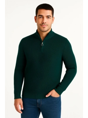 Erkek Yarım Fermuarlı Triko Kazak – Selanik Örgü, Dik Yaka, Pamuklu Dokuma, Regular Fit Uzun Kollu Kışlık Model - Haki