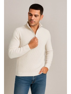 Erkek Yarım Fermuarlı Triko Kazak – Selanik Örgü, Dik Yaka, Pamuklu Dokuma, Regular Fit Uzun Kollu Kışlık Model - Beyaz