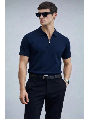 Erkek Yarın Fermuarlı Slim Fit Kısa Kollu Triko Tişört Lacivert