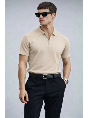 Erkek Yarın Fermuarlı Slim Fit Kısa Kollu Triko Tişört Bej