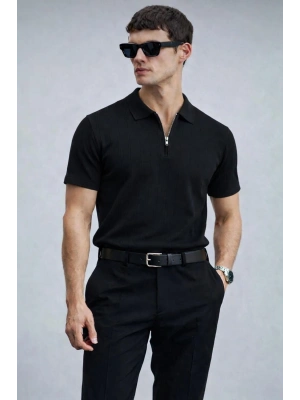 Erkek Yarın Fermuarlı Slim Fit Kısa Kollu Triko Tişört Siyah