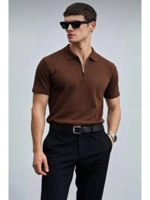 Erkek Yarın Fermuarlı Slim Fit Kısa Kollu Triko Tişört Kahverengi