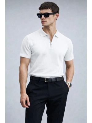 Erkek Yarın Fermuarlı Slim Fit Kısa Kollu Triko Tişört Beyaz