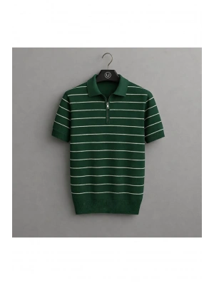 Erkek Yazlık Kısa Kollu Slim Fit Çizgili Yarım Fermuarlı Tarz Tişört