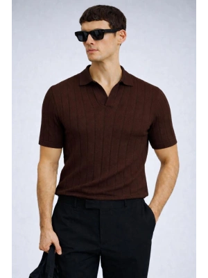erkek yazlık kısa kollu slim fit polyemid kumaş kalitesi triko tişört Kahverengi