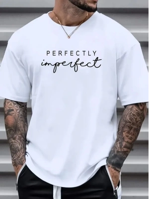 erkekler için Ön Arka Baskılı PERFECTLY günlük Kısa Kol tişört - Beyaz
