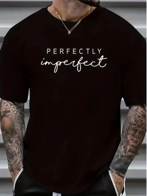 erkekler için Ön Arka Baskılı PERFECTLY günlük Kısa Kol tişört - Siyah