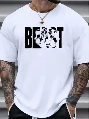 Eşsiz Baskı Tasarımlı Şık Büyük Beden Erkek Tişörtü - Rahat Polyester, Makinede Yıkanabilir, Yuvarlak Yaka - Her Mevsim İçin Mükemmel - Beyaz