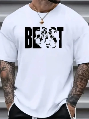 Eşsiz Baskı Tasarımlı Şık Büyük Beden Erkek Tişörtü - Rahat Polyester, Makinede Yıkanabilir, Yuvarlak Yaka - Her Mevsim İçin Mükemmel - Beyaz