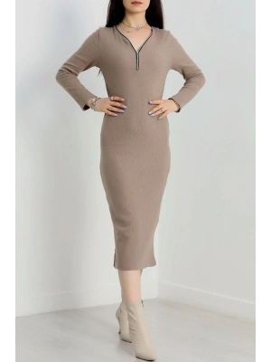 Fermuar detaylı fitilli şardonlu elbise bej a3178