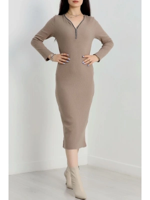 Fermuar detaylı fitilli şardonlu elbise bej a3178