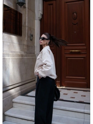 Fermuarlı Gömlek Yaka Bomber Ceket - Beyaz