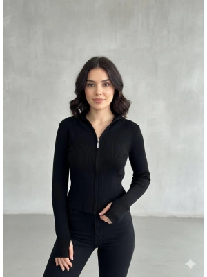 Fermuarlı kapşonlu parmak geçmeli hırka kaşkorse A3898