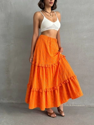 Fırfırlı brodeli astarlı uzun etek turuncu s255047