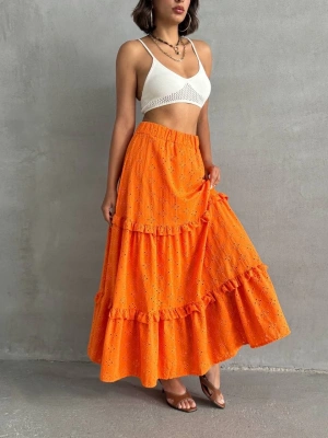 Fırfırlı brodeli astarlı uzun etek turuncu s255047