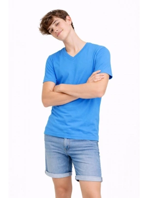 Genç Erkek Çocuk V Yaka Tişört Yazlık Model Günlük Basic Body - Açık Mavi