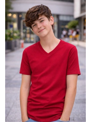 Genç Erkek Çocuk V Yaka Tişört Yazlık Model Günlük Basic Body - Bordo