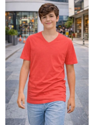 Genç Erkek Çocuk V Yaka Tişört Yazlık Model Günlük Basic Body - Nar Çiçeği