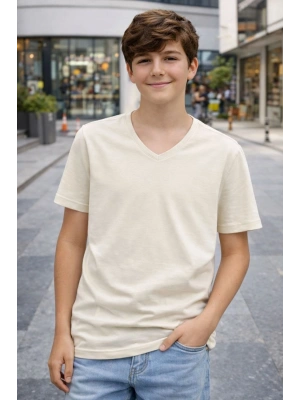 Genç Erkek Çocuk V Yaka Tişört Yazlık Model Günlük Basic Body - Taş