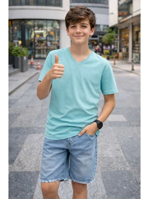 Genç Erkek Çocuk V Yaka Tişört Yazlık Model Günlük Basic Body - Turkuvaz