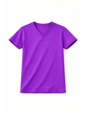 Genç Kız Çocuk V Yaka Tişört Yazlık Model Günlük Basic Body - Mor