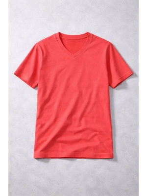 Genç Kız Çocuk V Yaka Tişört Yazlık Model Günlük Basic Body - Nar Çiçeği