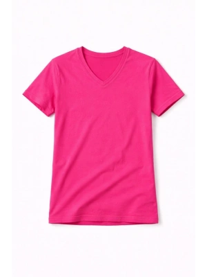 Genç Kız Çocuk V Yaka Tişört Yazlık Model Günlük Basic Body - Pembe