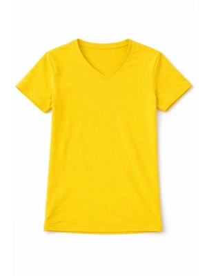Genç Kız Çocuk V Yaka Tişört Yazlık Model Günlük Basic Body - Sarı