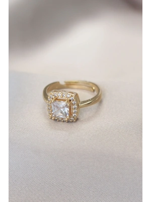 Gold Baget ve Zirkon Taşlı Kare Yüzük