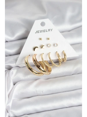 Gold Renk 6 Çiftli Pirinç Kadın Küpe Seti