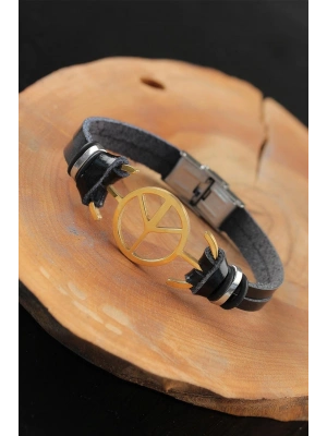Gold Renk Barış Figürlü Metal Aksesuarlı Siyah Renk Deri Erkek Bileklik