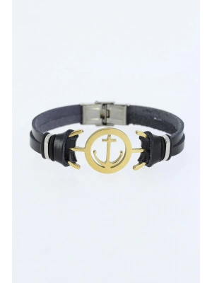 Gold Renk Deniz Çapası Figürlü Metal Aksesuarlı Siyah Renk Deri Erkek Bileklik